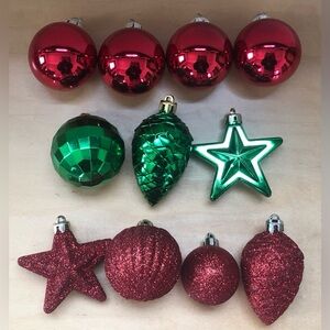 Set Of 11 Random Red Green Plastic Ornaments Balls Stars Pine Cones